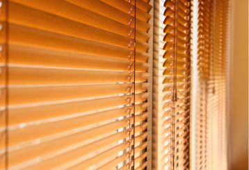 Mini blinds installed in a living room with a view of the outdoors