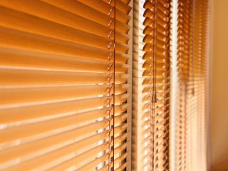 Mini blinds installed in a living room with a view of the outdoors